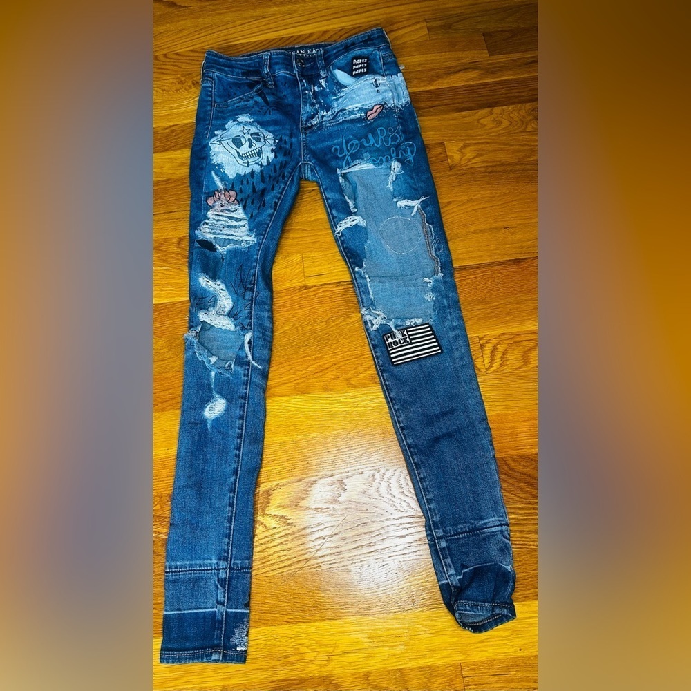 American Eagle Custom Distressed Skinny Jeans Size 2 Y2K Punk Grunge Streetwear